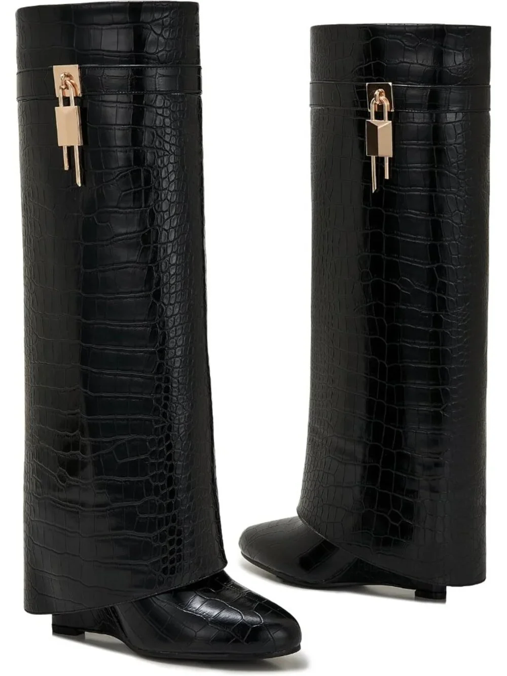 Women Black Crocodile 1 Pointed Toe Wedge Heel Side Zipper Knee High Shark Boots
